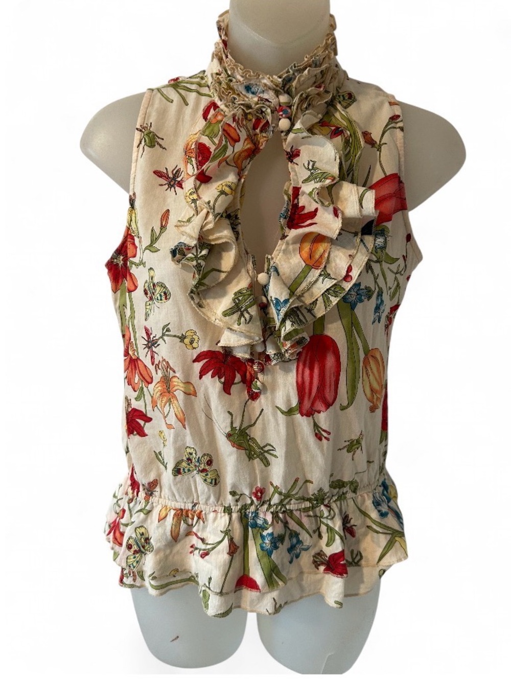 Ruffled Floral Keyhole Camisole - Cream with Red & Green Print